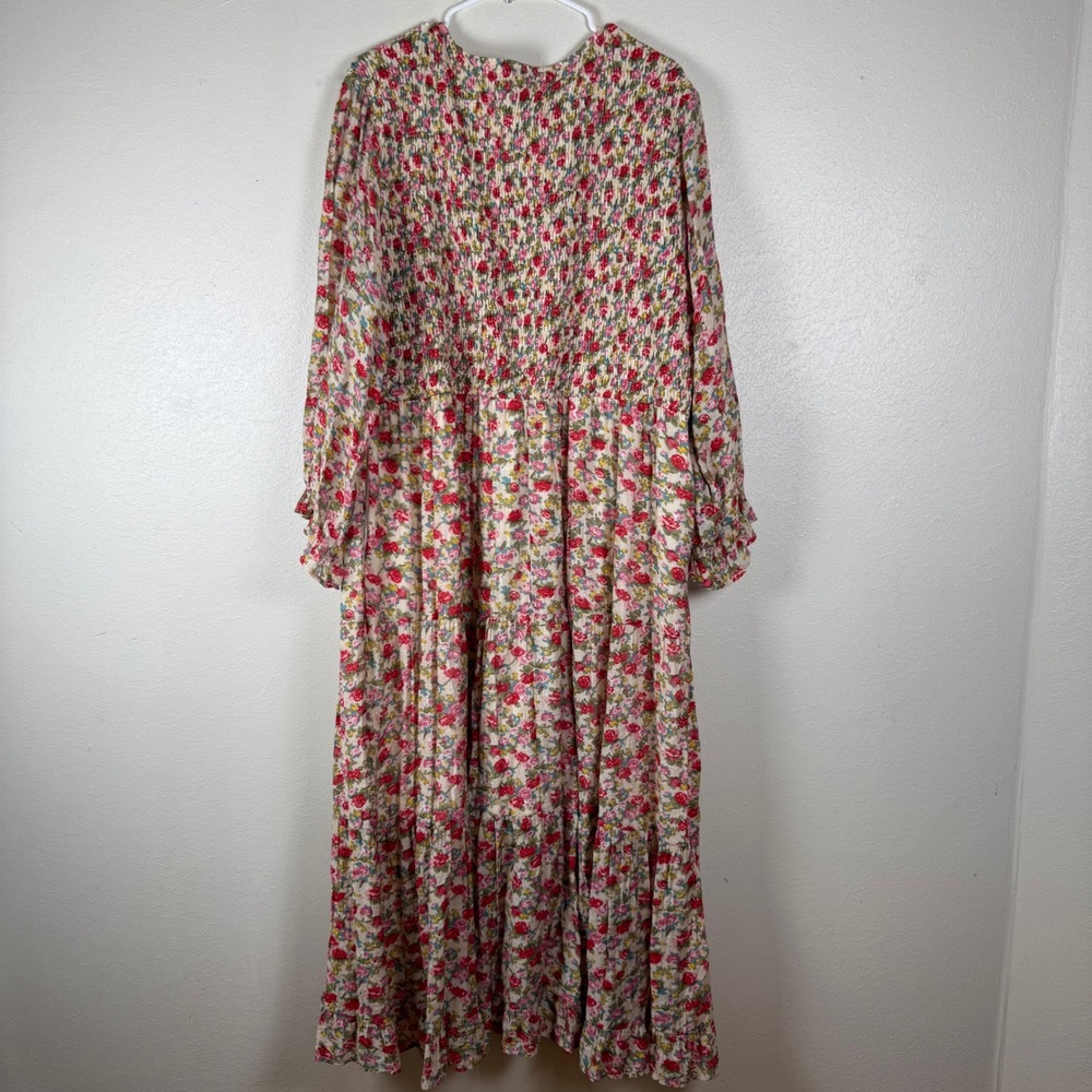 Polagram Floral Smocked Maxi Dress Womens V-Neck Tiered Rose Print Cottagecore - Picture 4 of 7